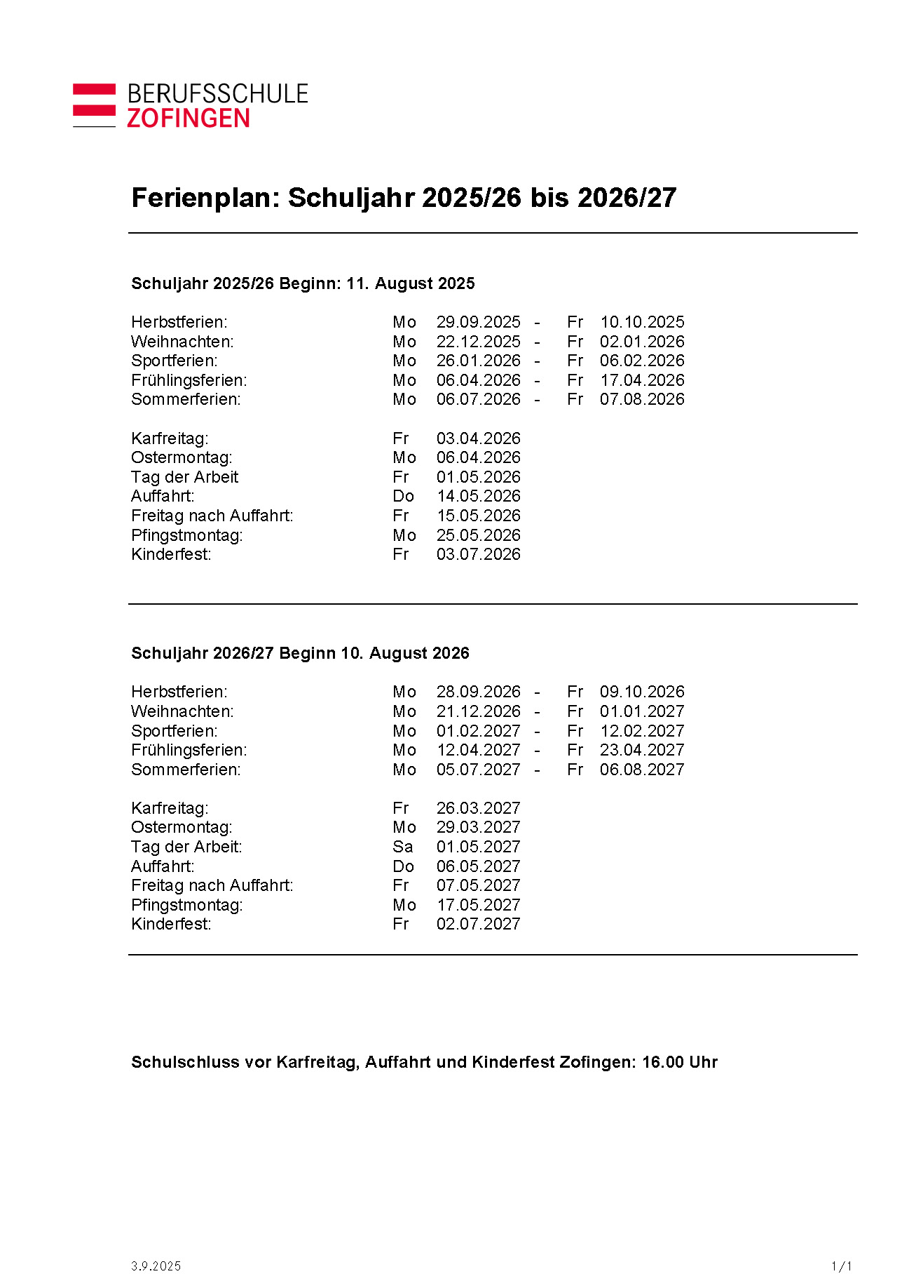 Ferienplan 2025-2027